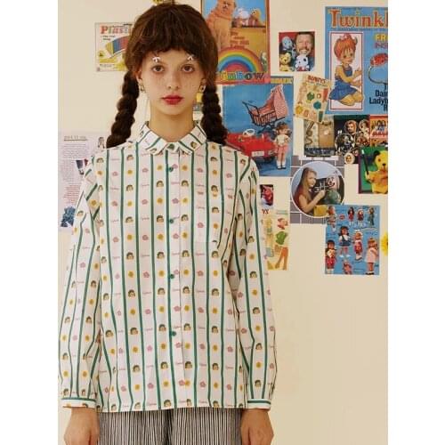 2018 Autumn New Design Women Cotton Blouse Turn Down Collar Long Sleeve Women Shirts Tops Dolls Printed Green Stripes