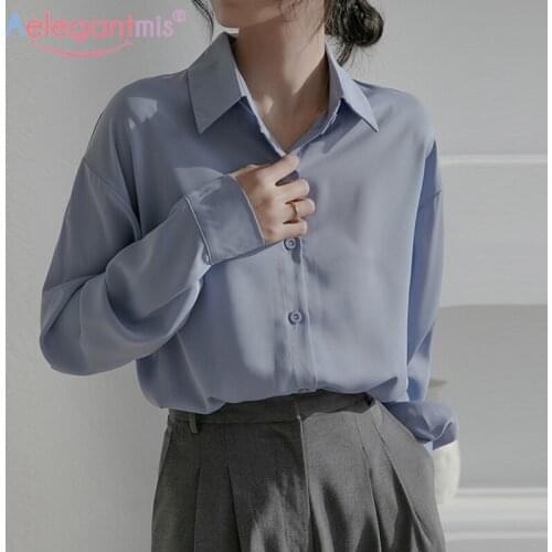 Aeleagntmis Korean Vintage Office Lady Blouse Women Soft White Shirts Elegant Chic Loose Casual Solid Long Sleeve Tops OL Spring