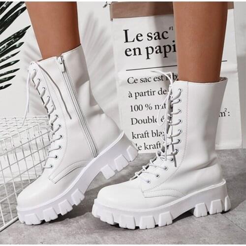 Women Boots Nice Thick Bottom Platform Shoes Zip Lace Up Ladies Mid-calf boots Casual Autumn Female Short Botas Vogue Footwear