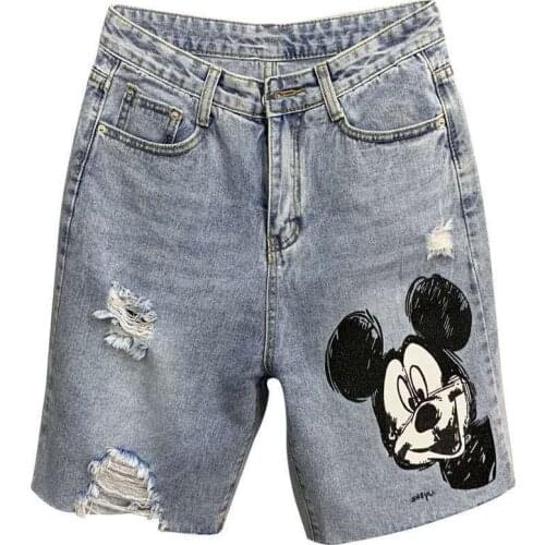 2021 Disney Mickey summer high waist jeans women ripped fashion shorts loose five-point pants