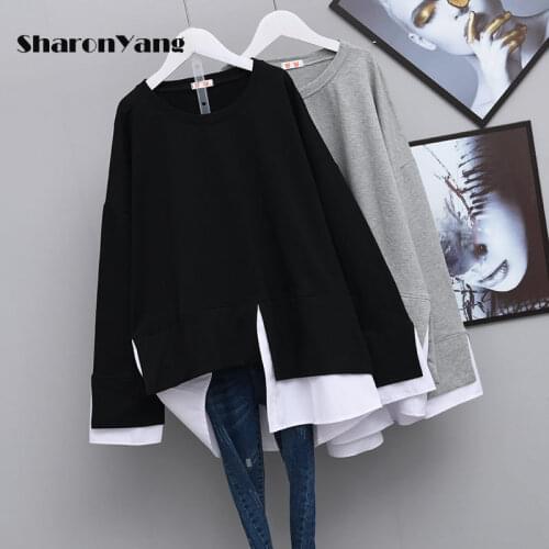 Plus Size Women Printing Streetwear Sweatshirt Long Sleeve Crewneck Fake Two Piece Oversize Casual Pullover Jumper Outerwear