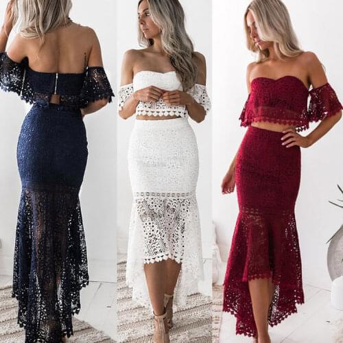 WOMENS Dress Lace Sexy Wrap-around Backless Pencil Skirt 2 Pcs Set Slash Neck Crop Tops Hollowed Out Irregular Hem Lady Outfits
