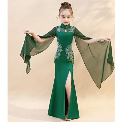 Luxury Lace Embroidery Mermaid Evening Gown Kids Catwalk Cheongsam Dresses For Girls Wedding Birthday Party Dress Vestidos L32