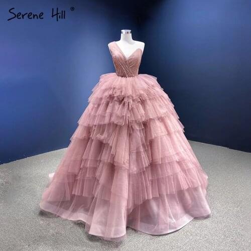 Serene Hill Pink Luxury Beaded Ruffles Tiered Wedding Dress 2021 Sexy V-Neck Sleeveless Bridal Gown Custom Made CHM66934D