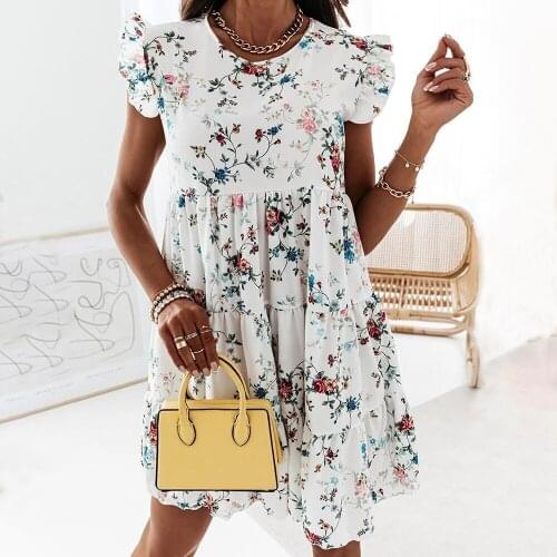 Women Sexy Ruffles Mini Dress 2021 Summer Loose Casual O-neck Floral Print Plus Size Dresses A Line Sleeveless Beach Vestidos
