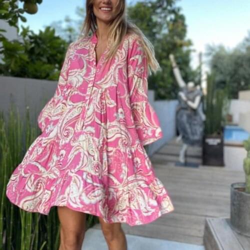 Vintage Women Dress Leisure Flared Sleeve Ethnic Printing Ruffle платье летнее женское2021 Loose Dress for Beach
