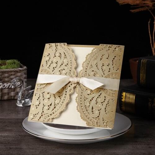 1pcs Sample Gold Laser Cut Wedding Invitations Card lace Elegant Greeting Card WIth Ribbon Envelopes Wedding Party Decoration