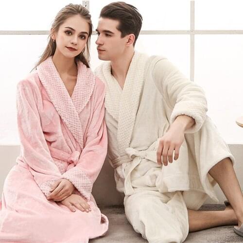 2018 Winter Solid Couple Bathrobe Dressing Gown Women Men Flannel Bath Robe Sleepwear Thick Warm Long Female Robe Dropshipping