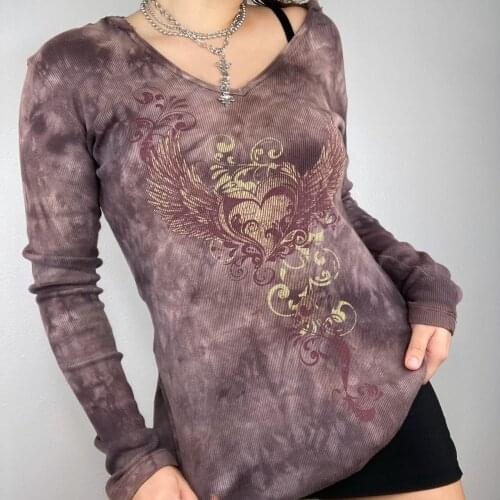 2021 Grunge Fairycore T-shirt y2k Vintage Knitted Long Sleeve V Neck Pullovers Women Autumn Harajuku Kawaii Tees Shirt Clothing