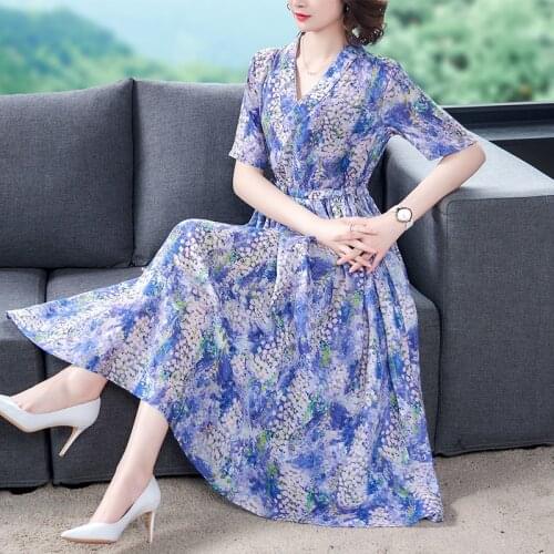 2021 Blue Floral Beach Chiffon Midi Dress Summer Vintage Ramie 3XL Plus Size Vacation Dress Elegan Women Bodycon Party Vestidos