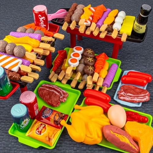 21/27Pcs Simulation Kitchen Pretend Play BBQ Toys Kits Games Miniature Fried Chicken Roast Beef Skewer Cooking Toy for Children