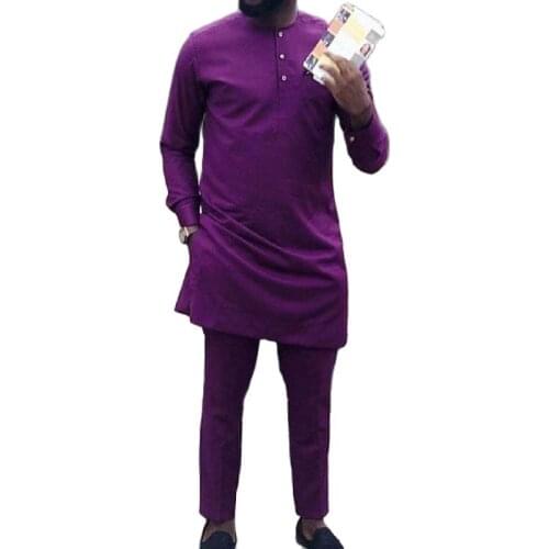 Africa Cclothing Man Shirts With Pants Fashion Solid Purple Tops+Trousers Tailor Made Mens Outfits Casual African Pant Set