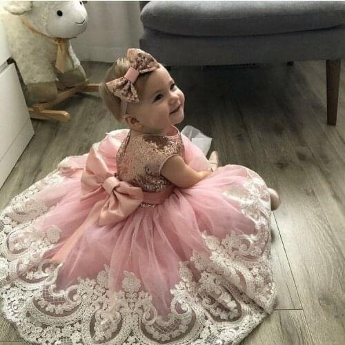 Pink Sequin White Lace Pink Children Girls Birthday Party Dresses Bow Back Girls Pink First Communication Dresses Free Headpiece