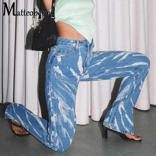 New Streetwear Dye Straight High Waist Jeans Woman 2020 Fashion Graffiti Print Denim Pants Split Zipper Pockets Hip Hop Trousers