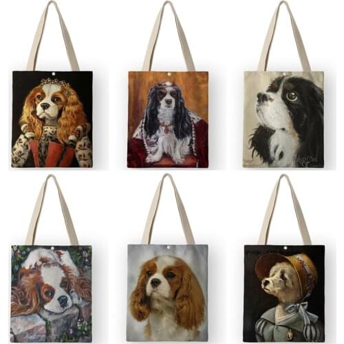Canvas Bags Tote for Women 2020 New Charles Spaniel Oil Painting Print Handbags Shouldr Shopper Bag for School Travel AKB01048