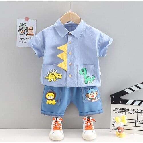 Summer Cute Baby Boy Clothes Set Cartoon Dinosaur Print Short Sleeve Shirt Pants Toddler Outfit Baby Boy Young Energetic Outfits