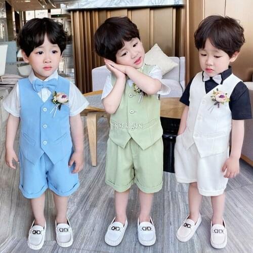 Summer Formal Boys Handsome Vest Suit Set Children Waistcoat Shorts 2pcs Outifts Flower Kids Wedding Piano Performance Costume