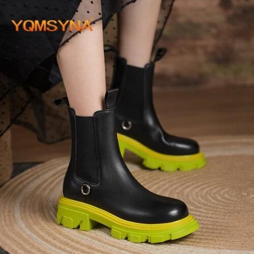 YQMSYNA Fashion Ankle Boots Genuine Leather Breathable Flat With Round Toe Chelsea Boots Metal Decoration Non-slip Sheos AS352