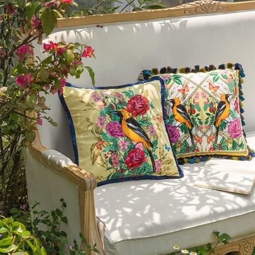 Throw Pillow Covers Pastoral Birds Velve Printed Square Pillowcase British Art Cushions Home Decor Decorative Pillow 45X45cm