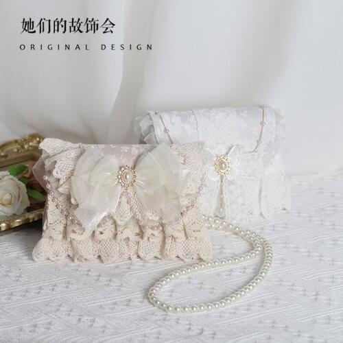 Gentle Fairy Style Lolita Elegant Girls Handbag Lace Bowknot Pearl Chain Shoulder Bag Kawaii All-match Hand Made Crossbody Bag