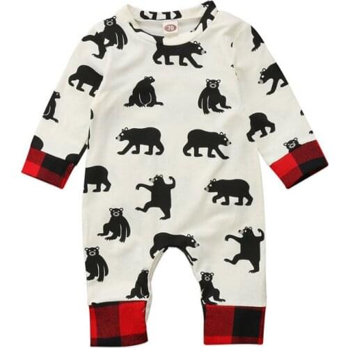 Newborn Novelty Baby Boy Girl Clothes Bear Christmas Jumpsuit Plaid Romper Xmas Cute Playsuit Outfits 0-24M