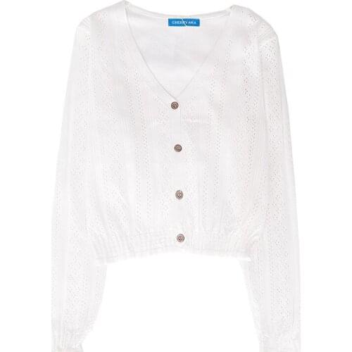 Autumn V-neck breasted elasticated slim short section knitted cardigan hollow out breathable sweater