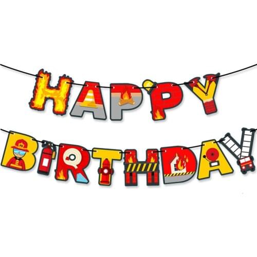 Fireman Theme Happy Birthday Banner Firefighter Fire Engine Garland Bunting for Kids Boys Girl Birthday Party Decorations