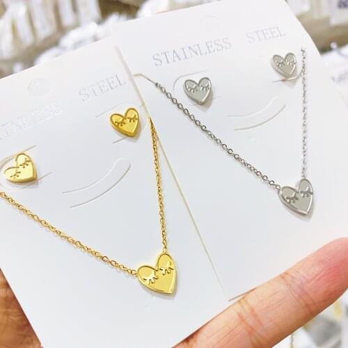 Romantic Titanium Stainless Steel Set Lovely Heart Charm Necklaces Earrings Jewelry 3D Pendant Snake Chain Necklace For Women