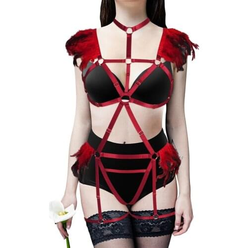 Sexy Lingerie Goth Stockings Sword Belt Feathers Women Harness Bra Erotic Festival Clothing Wedding Garter Bondage Rave Outfit