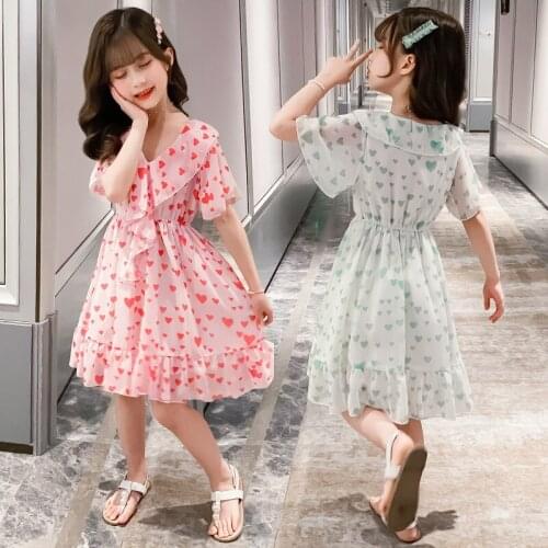 Girls Chiffon Dress 2020 Kids Summer Pink Heart Print Floral Dress Sweet Childrens Princess Dresses vestidos