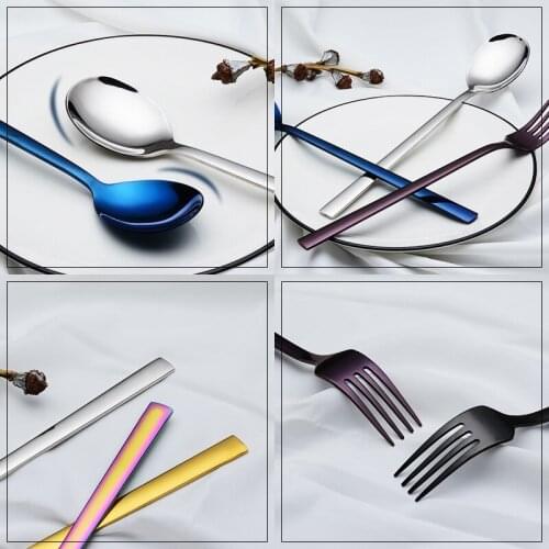 Stainless Steel Flatware Colorful Square Handle Spoon Fork Cake Ice Cream High Quality Fork Spoon Luxury Tableware Household