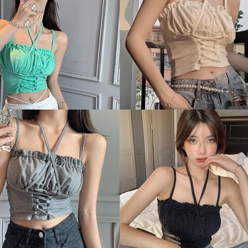 2021 New Gray Ruffled Top Slim Tank Tops For Women White Ruched Sleeveless Camis Summer Basic Cropped Female Camisole