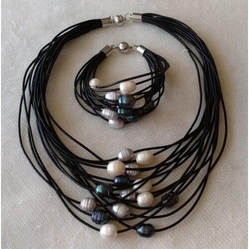 Unique Pearls jewellery Store 15 strands Black color leather rope Multicolor Freshwater Pearl Necklace Bracelet Jewelry Set