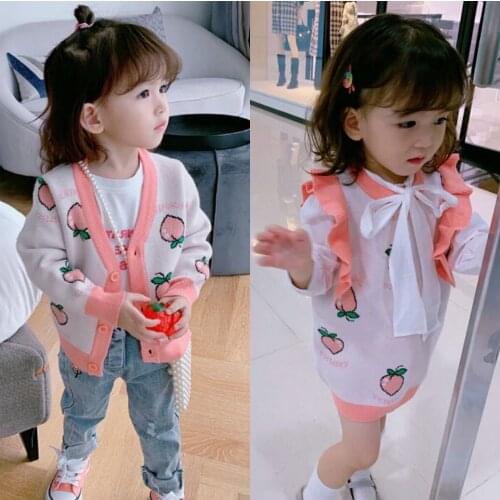Spring/Autumn Girl Sweet Knit Suit Childrens Knit Skirt + Small Cardigan Cute Peach Two-piece Childrens Clothing
