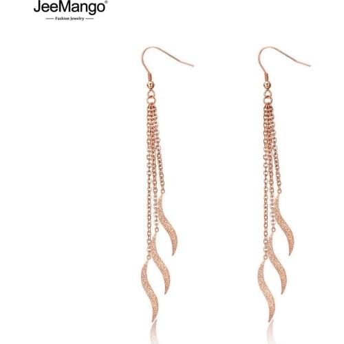 JeeMango Rose Gold Irregular Wave Dangle Earrings For Women Trendy Tassel Long Titanium Steel Ladies Earrings Ohrringe JE19161