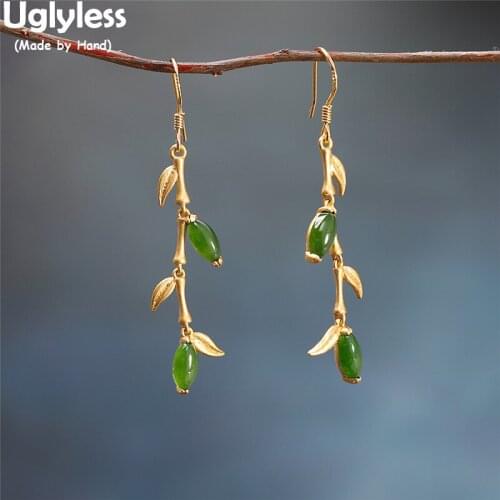 Uglyless Pandas Favorite Bamboo Leaves Earrings for Women MINI Natural Jasper Brincos Green Jade 925 Silver Earrings Gemstones