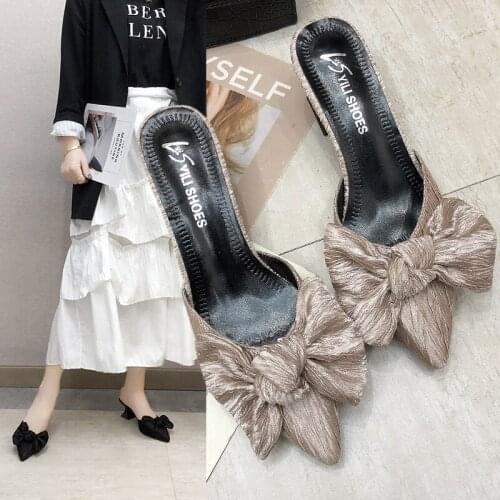 Women Mules Slippers Med Heel Sandals Summer Slip On Slides Brand Butterfly Loafers Flip Flops Shoes Outdoor Slipper