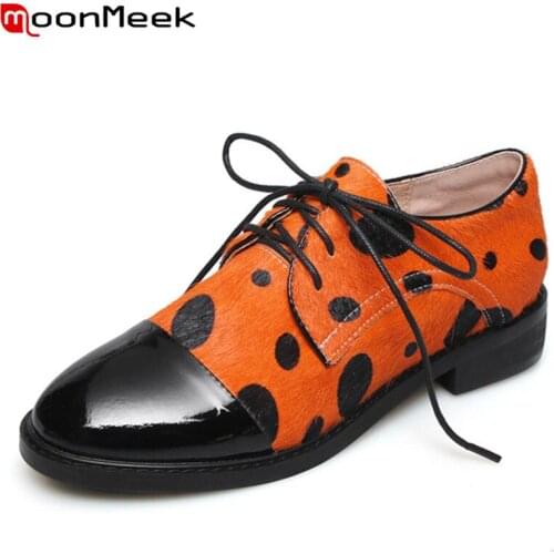 MoonMeek 2020 autumn new arrive genuine leather casual shoes woman low heel round roe lace up 3 colors ladies shoes women pumps