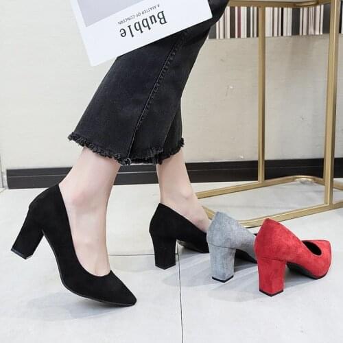 Women Pumps Square Heeled High Heels Dress Shoes Office Woman Faux Suede Boat Shoes Basic Pump zapatos mujer Red Black 8153G
