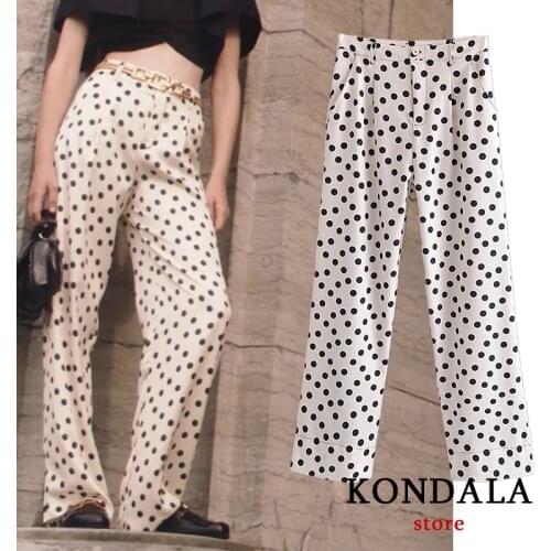 KONDALA Za 2021 Vintage Dot Print High Waist Wide Leg Pants Dot Print Casual Long Trousers Elegant Mujer Pants