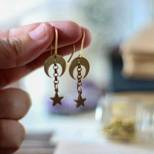 Moon and star gold earrings, witch earrings, golden crescent moon earrings, boho bohemian earrings