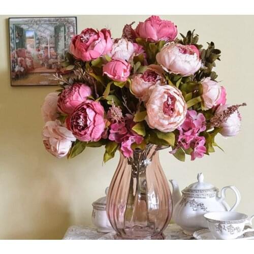 1 Bouquet silk flower European Artificial Flowers Bridal Decor Fall Vivid Peony Fake Leaf Wedding Home Party Decoration T0.2