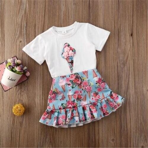 Free shipping Toddler Kids Baby Girls clothes pullover Geometry short sleeve T-shirts ice cream print Ruffle Skirts 2pc Outfits