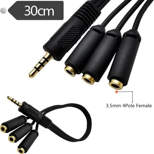 3.5mm (1/8") TRRS 4-Pole/3-Rings Male to 3x Female 3.5mm TRRS 4-Pole/3-Rings Stereo Splitter Audio Cable, Gold-Plated, 0.3m