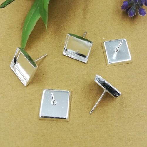50pcs 12mm Square Cabochon Base Metal Copper Silver color Antique Bronze Stud Earring Blank Setting For Jewelry Making