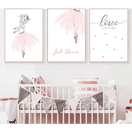Abstract Ballet Girls Wall Art Poster Pink Dress Art Print Love Heart Quotes Canvas Painting Nordic Picture Baby Kids Room Decor