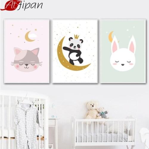 Atfipan Minimalist No Framed Rabbit Cat Panda Animal Canvas Painting Cartoon Nordic Posters Wall Artworks Kids Room Decoration