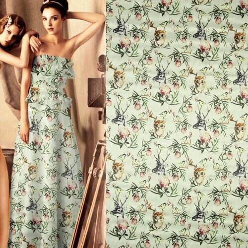 Animal and plant design pure silk organza satin fabric floral bird print,SOZ158