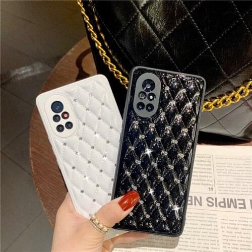 Shiny Diamond Check Phone Case For Huawei Nova 8 Candy Color Hard PC Diamond Pattern Soft Bumper Full Protection Back Cover