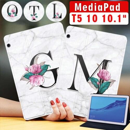 For Huawei MediaPad T5 10 10.1 Inch Tablet Case White Marble Series Pattern Stand Cover Case + Free Stylus